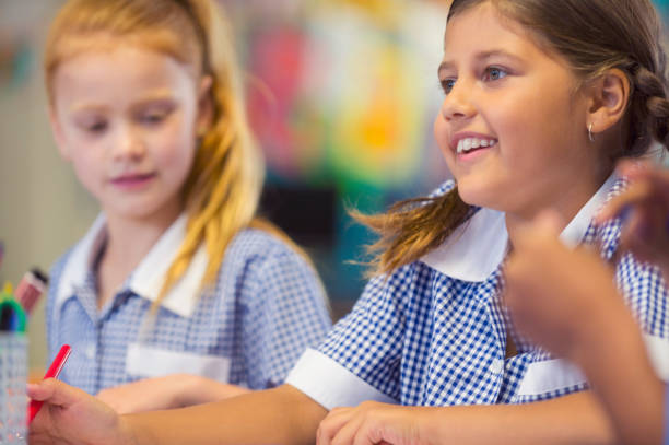istock Two girl students working in the classroom. 907906770
