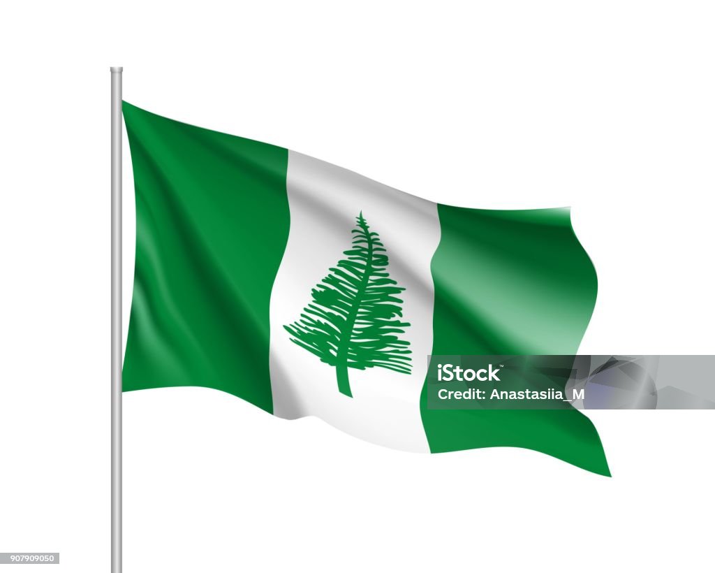 Waving flag of Norfolk Island Waving flag of Norfolk Island. Illustration of Oceania country flag on flagpole. Vector 3d icon isolated on white background Accuracy stock vector