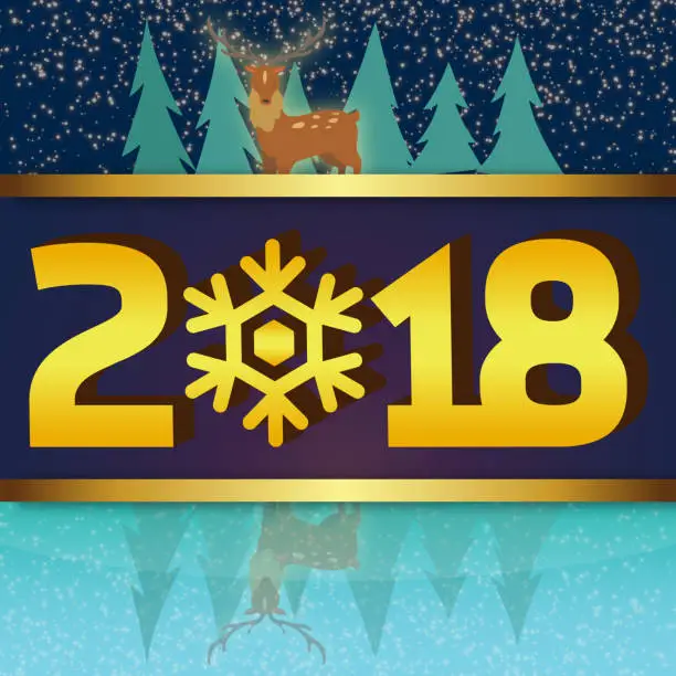 Vector illustration of Winter Background 2018 Reindear Lakeside Vector Image