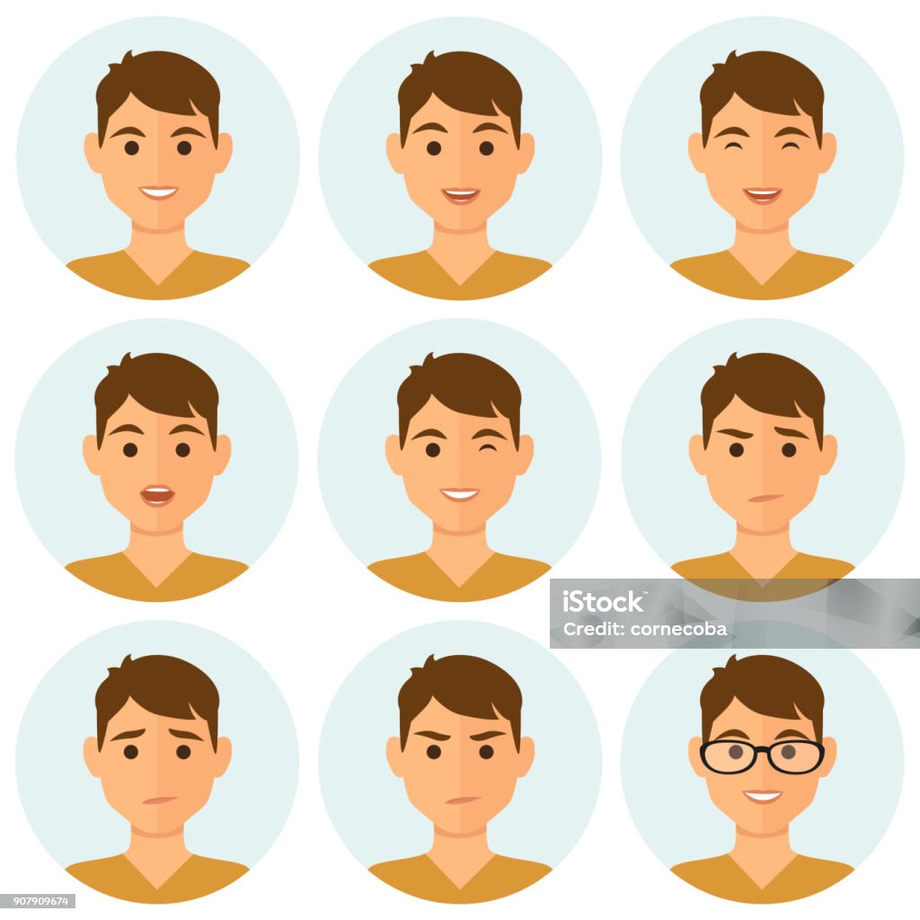 Man avatars facial expressions Isolated boy avatars with different facial expressions. Flat illustration women's emotional faces. Facial Expression stock vector