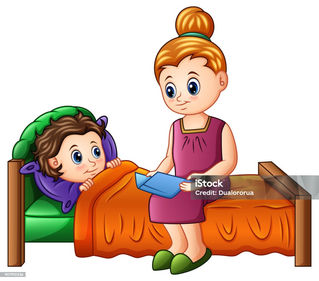 แม่การ์ตูนอ่านนิทานก่อนนอนให้ลูกชายก่อนนอน ภาพประกอบสต็อก -  ดาวน์โหลดรูปภาพตอนนี้ - การนอนหลับ - พักผ่อน, การนั่ง, การพูด - เสียงพูด -  Istock