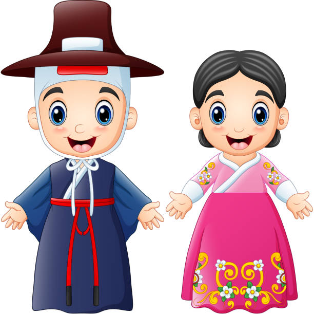 ilustraciones, imágenes clip art, dibujos animados e iconos de stock de caricatura de pareja coreanos vestidos con trajes tradicionales - boda coreana