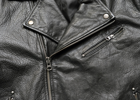 Closeup of a mass produced, generic black leather jacket.