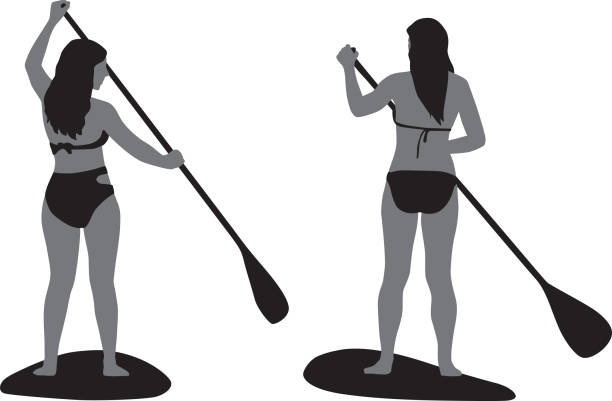 ilustrações de stock, clip art, desenhos animados e ícones de two girls paddle boarding silhouette - women paddleboard bikini surfing