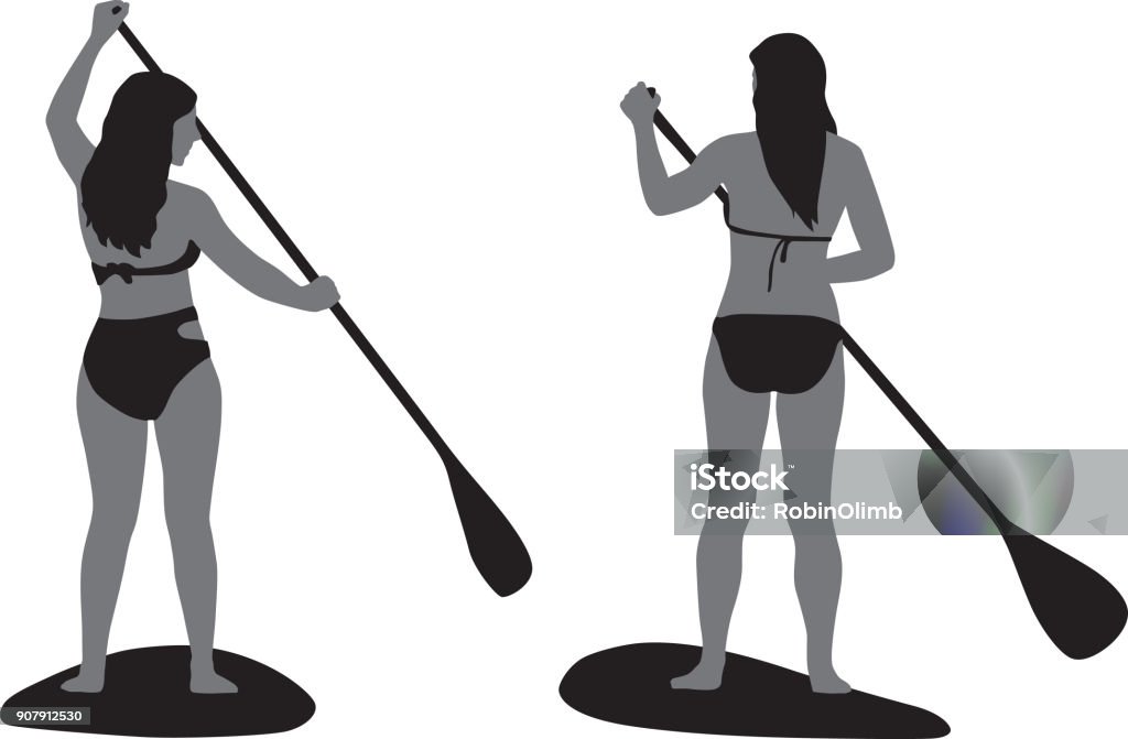 Two Girls Paddle Boarding Silhouette Vector silhouette of two girls in bikinis paddle boarding. Paddleboarding stock vector
