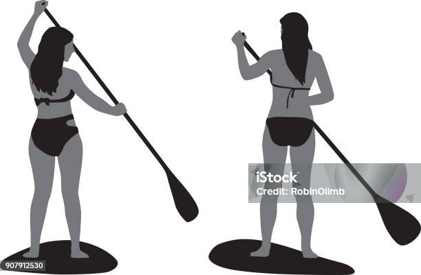 Two Girls Paddle Boarding Silhouette Stock Illustration - Download Image Now - Paddleboarding, Beach, In Silhouette