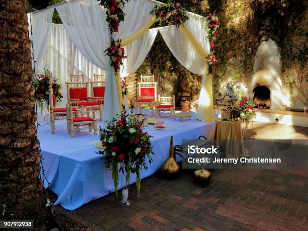 Colorful Themed Wedding Stage And Chairshindu Traditional Wedding Stock Photo - Download Image Now