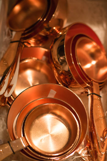 Copper measuring cups/spoons in sets of different sizes on display