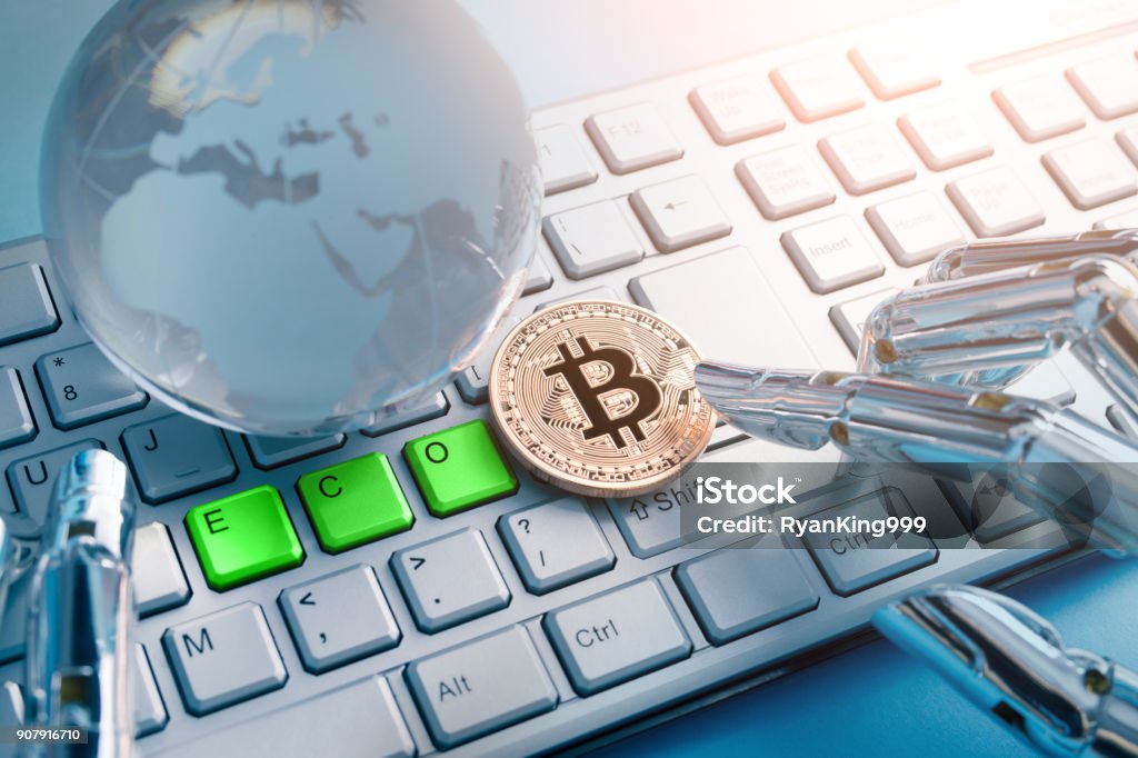 bitcoin with eco concept bitcoin business with Global eco Concept on the table Crystal Ball Stock Photo