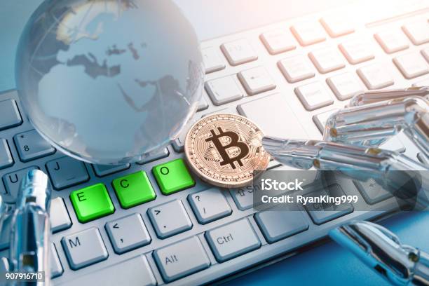 Bitcoin With Eco Concept Stock Photo - Download Image Now - Crystal Ball, Computer Keyboard, Environmental Conservation