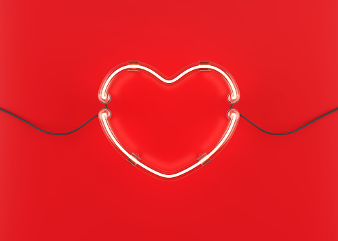 Neon heart on red background. 3D illustration