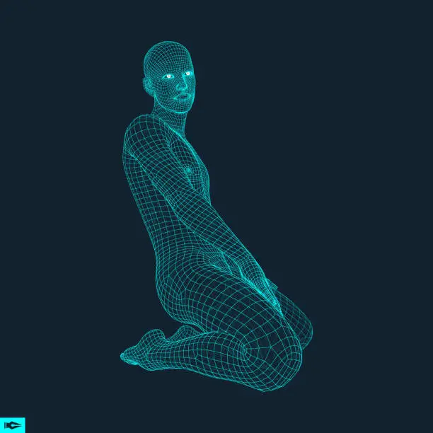 Vector illustration of 3D Model of Man. Polygonal Design. Vector Illustration. 3d Polygonal Covering Skin. Human Polygon Body. Human Body Wire Model.