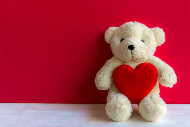 Cute Teddy Bear With Red Heart On Old Wood Copy Space Red Background  Valentine Concept Stock Photo - Download Image Now - iStock