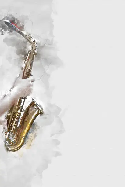Photo of Abstract saxophone in the foreground. Close up, Watercolor paint jazz playing the saxophone.