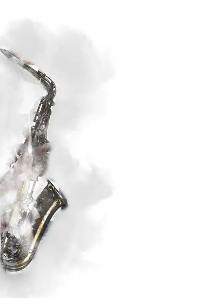 Photo of Abstract saxophone in the foreground. Close up, Watercolor paint jazz playing the saxophone.