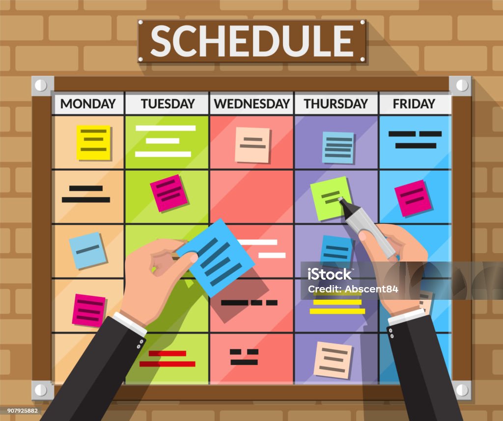 Bulletin board hanging on brick wall and hands Bulletin board hanging on brick wall full of tasks on sticky note cards and hands. Development, team work, agenda, schedule, to do list. Vector illustration in flat style Personal Organizer stock vector