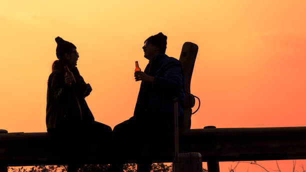 istock silhouette of affectionate couple toasting beer bottles at beach 907926736