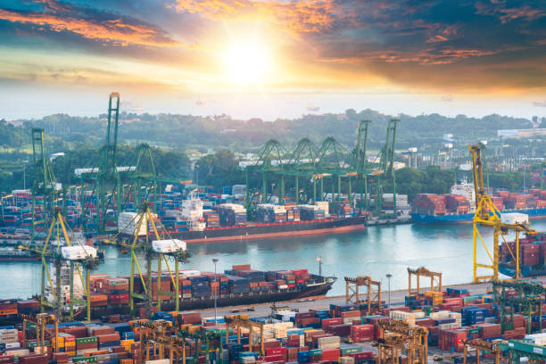 fret cargo container ship avec pont roulant dans le chantier naval de singapour de travail - singapore harbour photos et images de collection