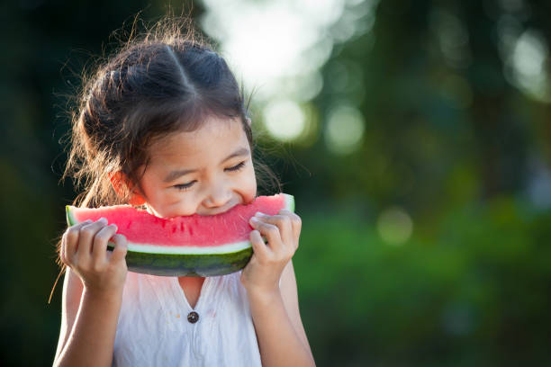 Cute asian little child girl eating watermelon fresh fruit in the garden stock photo