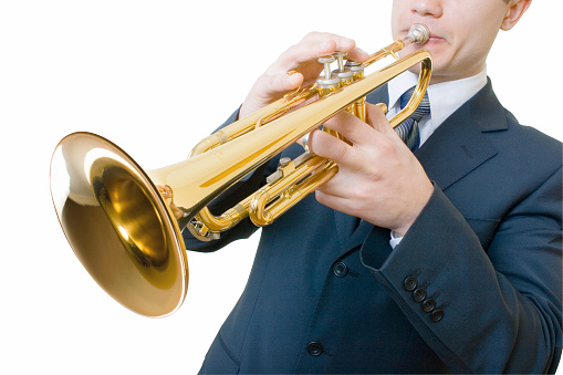 Male musicians playing a trombone and a trumpet isolated on white background