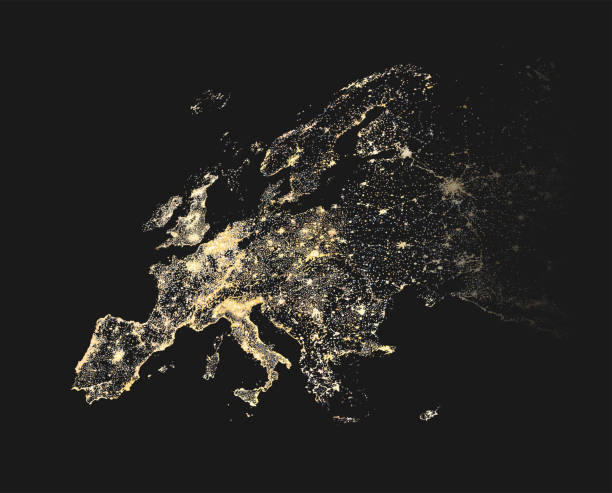 벡터 일러스트 레이 션의 유럽 도시와 통신 빛 지도 - denmark france stock illustrations
