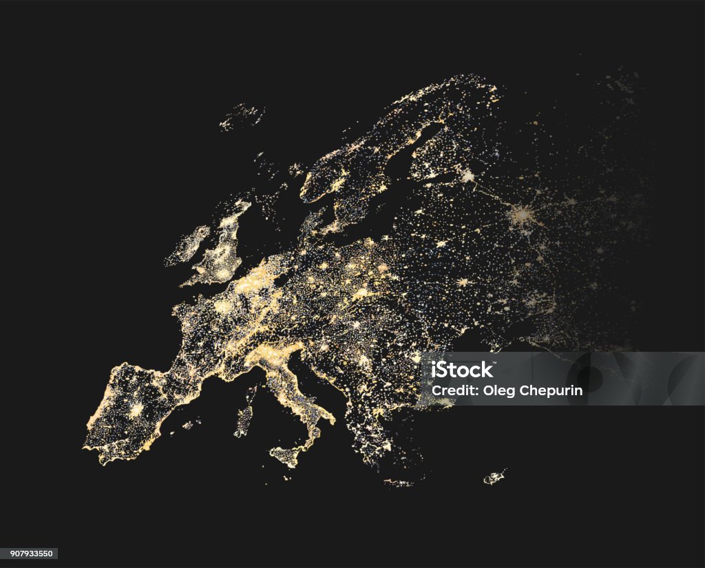 векторная иллюстрация карты городских и коммуникационных огней Европы - Векторная графика Европа - континент роялти-фри