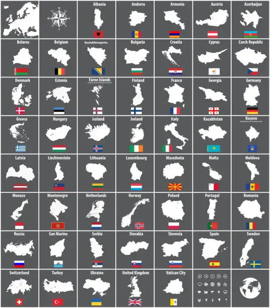 Vector illustration of vector collection of all Europe maps and flags