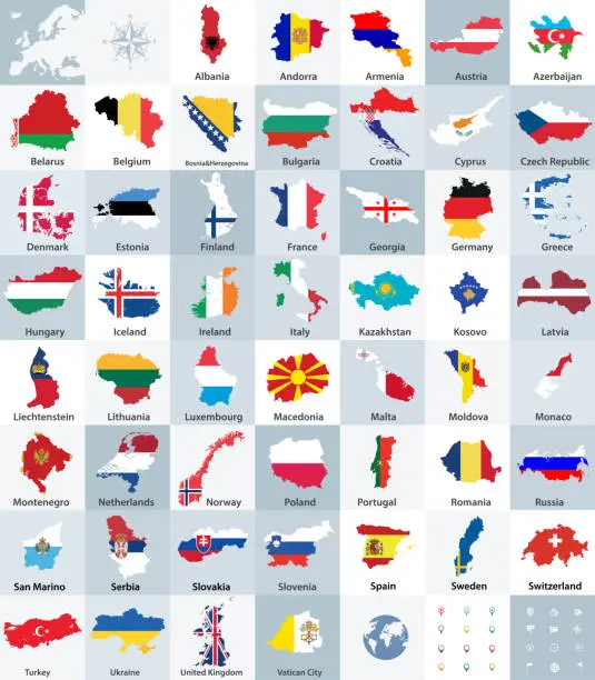 Vector illustration of vector collection of all Europe maps combined with flags