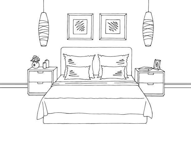 Bedroom graphic black white interior sketch illustration vector Bedroom graphic black white interior sketch illustration vector bedroom drawings stock illustrations