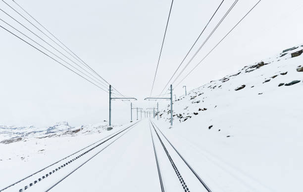 Train tracks at snow mountain, Switzerland.