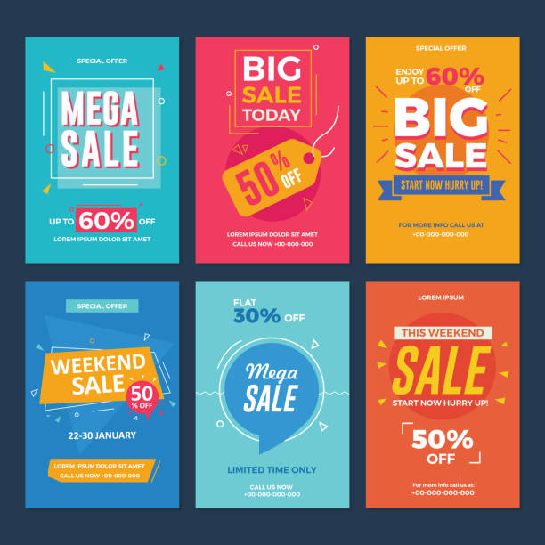 sammlung von sale und rabatt bietet flyer - kunstdrucke kaufen stock-grafiken, -clipart, -cartoons und -symbole
