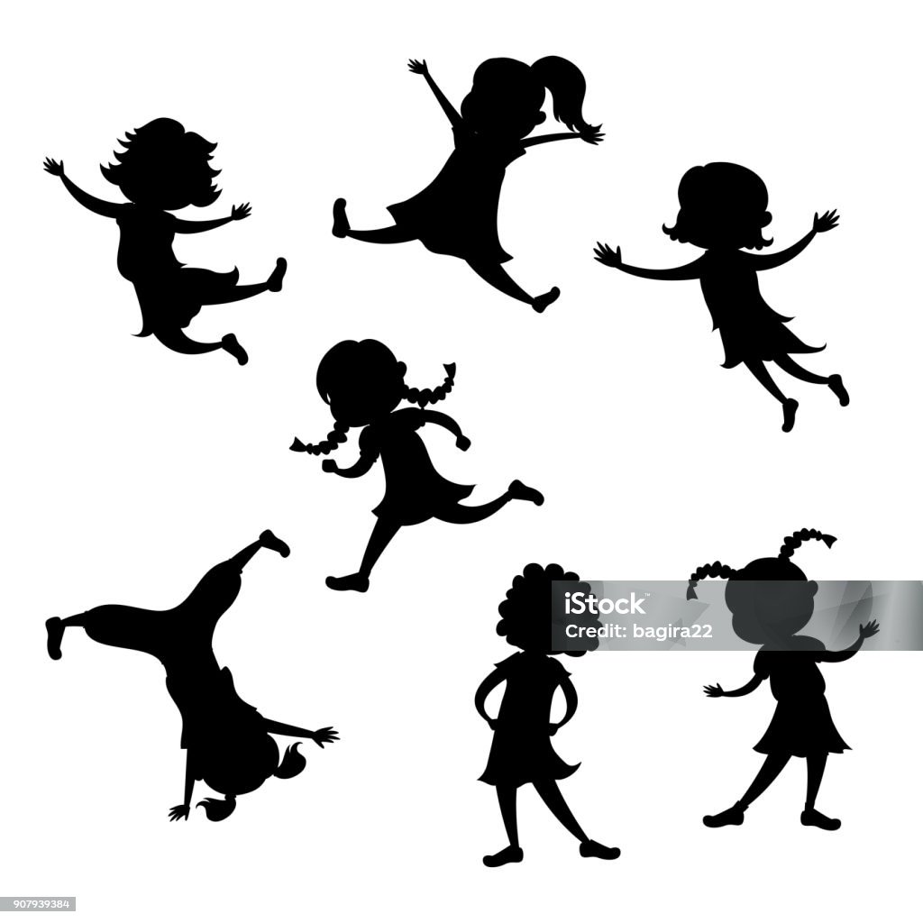 Set of cartoon girl silhouette, different action poses Set of cartoon girl silhouette, different action poses, isolated on white background, vector and illustration In Silhouette stock vector