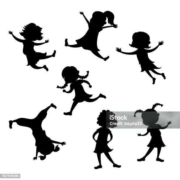 Set Of Cartoon Girl Silhouette Different Action Poses Stock Illustration - Download Image Now