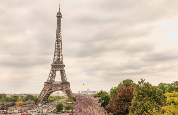 eiffelturm in paris, frankreich bei schlechtem wetter - eiffel tower black and white paris france construction stock-fotos und bilder