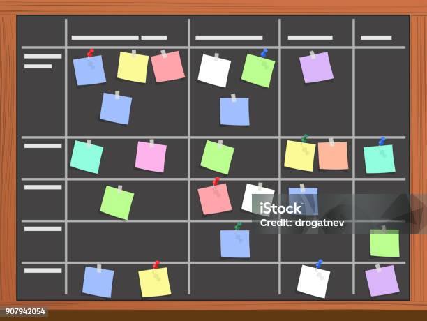 Board Full Of Tasks On Sticky Note Cards Stock Illustration - Download Image Now - Chalkboard - Visual Aid, Adhesive Note, Bulletin Board
