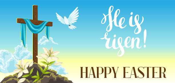 Silhouette of wooden cross with shroud, dove and lilies. Happy Easter concept illustration or greeting card. Religious symbols of faith against sunrise sky Silhouette of wooden cross with shroud, dove and lilies. Happy Easter concept illustration or greeting card. Religious symbols of faith against sunrise sky. humility stock illustrations