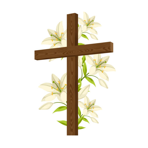 Silhouette of wooden cross with lilies. Happy Easter concept illustration or greeting card. Religious symbols of faith Silhouette of wooden cross with lilies. Happy Easter concept illustration or greeting card. Religious symbols of faith. pics of a cross easter lilies stock illustrations