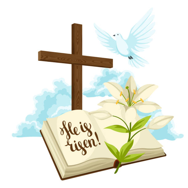 Wooden cross with bible, lily and dove. Happy Easter concept illustration or greeting card. Religious symbols of faith against clouds Wooden cross with bible, lily and dove. Happy Easter concept illustration or greeting card. Religious symbols of faith against clouds. pics of a cross easter lilies stock illustrations