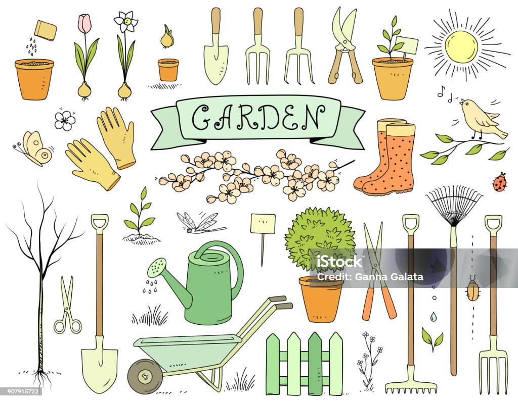 bunte handgezeichnete Gartengeräte set - Lizenzfrei Gärtnern Vektorgrafik