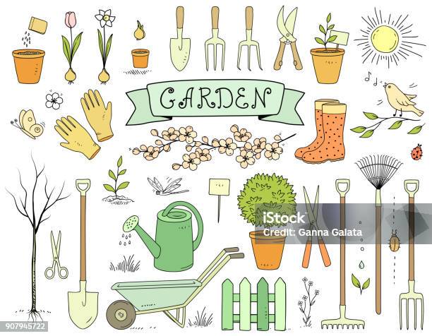 Bunte Handgezeichnete Gartengeräte Set Stock Vektor Art und mehr Bilder von Gärtnern - Gärtnern, Blumenzwiebel, Frühling
