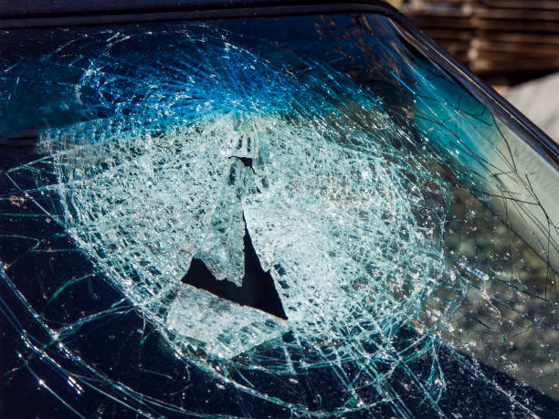 Fragmented windshield of a car stock photo