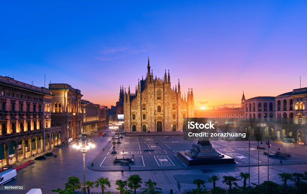 Milan Piazza Del Duomo at Sunrise, Italy Milan Piazza Del Duomo at sunrise, Italy. Milan Stock Photo