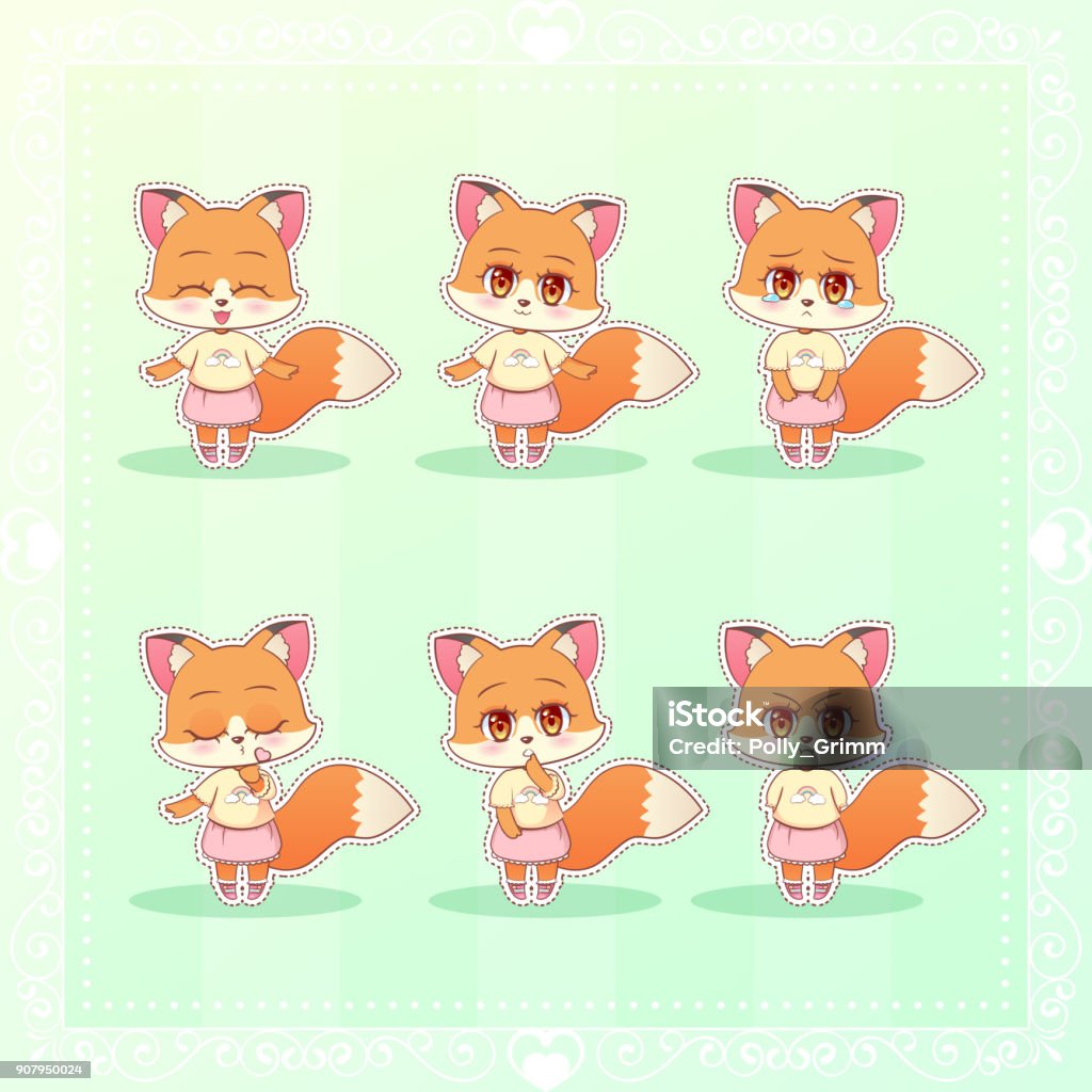 Vetores de Sweet Kitty Kawaii Bonito Anime Dos Desenhos Animados Raposa  Menina Na Etiqueta De Mascote Vestido Diferentes Emoções Feliz Triste Com  Raiva Sorriso Beijo Amor Crianças Personagem Eps10 e mais imagens