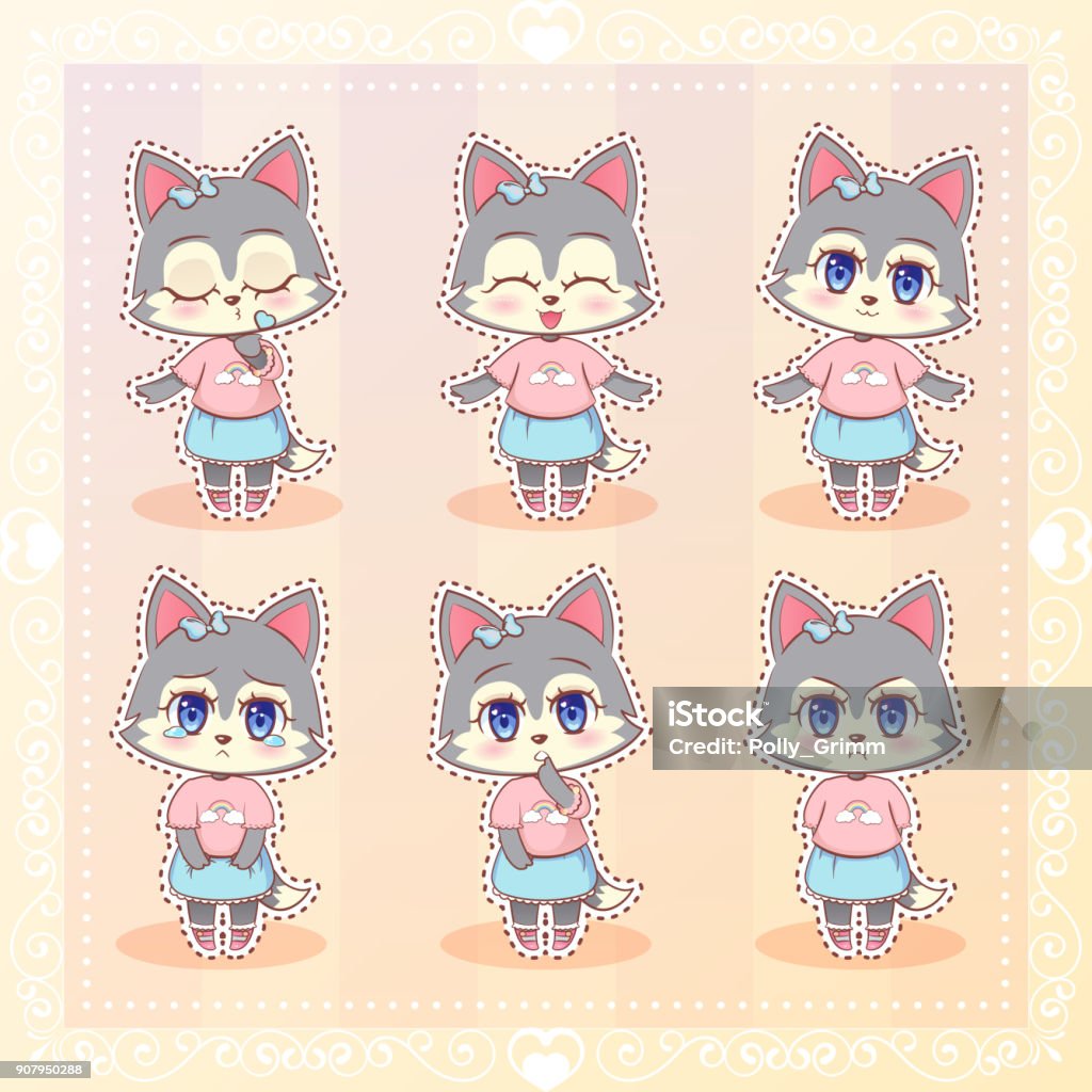 Sweet Kitty Little Cute Kawaii Anime Cartoon Husky Dog Wolf Puppy Girl In  Dress With Long Fluffy Ears Different Emotions Mascot Sticker Happy Sad  Angry Smile Kiss Love Children Character Eps10 Stock