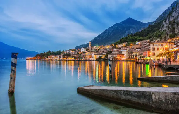 Beautiful view over the famous town of Limone sul Garda at dusk.