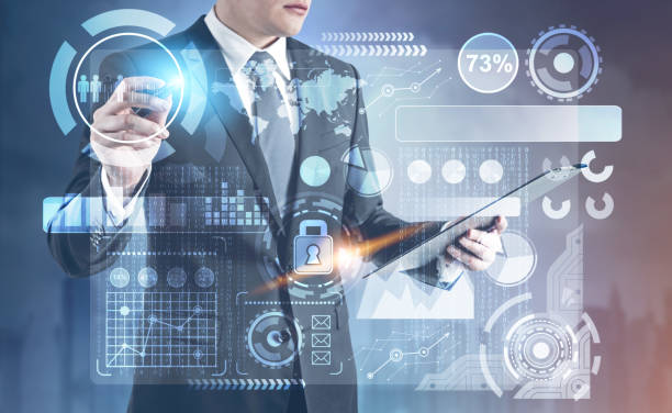 istock Businessman with a glowing marker, HUD 907958082