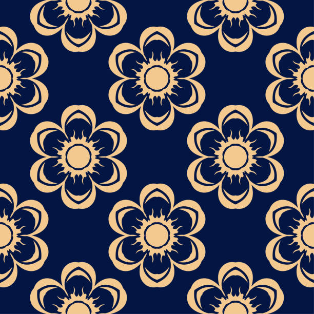 ilustrações de stock, clip art, desenhos animados e ícones de golden floral seamless pattern on blue background - f04