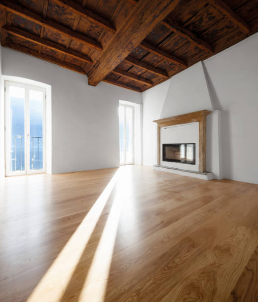 istock Living room with windows overlooking the lake. Fireplace. 907961130