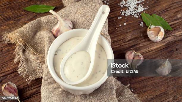 Bowl Of Garlic Sauce Or Mayonnaise Stock Photo - Download Image Now - Garlic, Aioli, Dipping Sauce