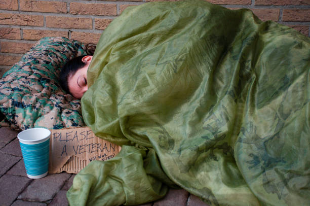 hogar femenino veterano para dormir contra edificio con cartel de cartón - brick wall homelessness wall begging fotografías e imágenes de stock